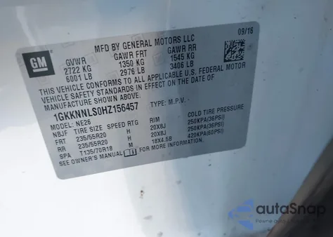 2017 GMC Acadia Slt-2 from USA, damaged, VIN 1GKKNNLS0HZ156457